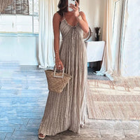 Robe longue d’été à bretelles, taille haute, rayures grises et franges