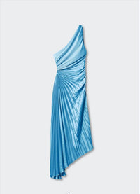 Robe midi plissée bleue à une épaule, drapé en spirales, longueur midi