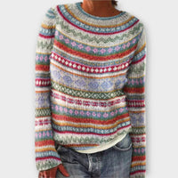 Pull rétro chiné clair, encolure ronde, motif jacquard rayé multicolore