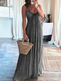 Robe longue d’été à bretelles, taille haute, rayures foncées et franges