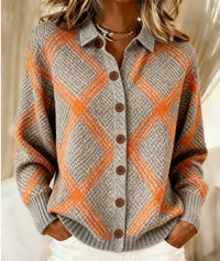 Gilet long en maille gris à carreaux orange, col chemise boutonné