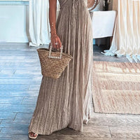 Robe longue d’été rayée grise, taille haute, tissu fluide et franges