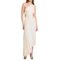 Robe longue blanche à bretelle asymétrique, drapée et plissée, coupe fluide