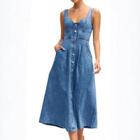 Robe midi en jean bleu foncé sans manches, boutonnage sur l’avant, encolure carrée