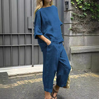 Ensemble deux pièces bleu : haut manches 3/4 ample et pantalon ample longueur cheville