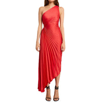 Robe midi plissée rouge à une épaule, drapé central, longueur mi-longue