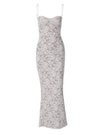 Robe longue blanche en dentelle brodée florale, bustier à bretelles fines