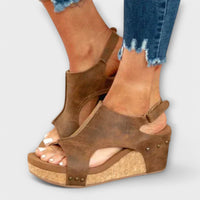 Sandales orthopédiques marron compensées, larges brides avant et cheville