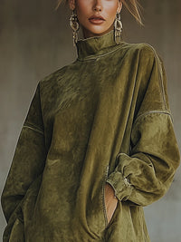 Robe col roulé suède vert, détails de couture et poignets froncés à volants