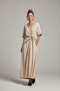 Robe décontractée beige nouée à la taille, encolure V, manches courtes