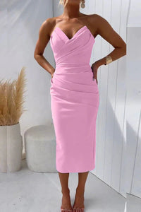 Robe midi Magner rose drapée bustier, décolleté cœur et coutures froncées à la taille