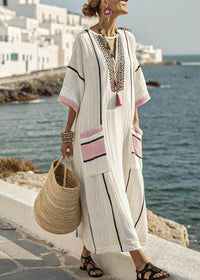 Robe longue patchwork rayée, blanche cassée, manches courtes et empiècements roses