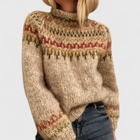 Pull nordique en maille camel, motifs jacquard rouges et bruns, col montant