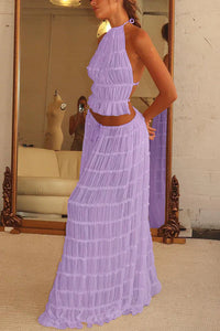 Ensemble d'été bohème violet : haut à volants et jupe longue à étages superposés.