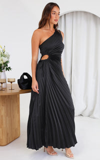 Robe longue noire une épaule, plissée, nœud froncé à la taille