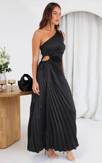 Robe midi plissée noire à une épaule, boucle froncée à la taille et coupe mi-longue