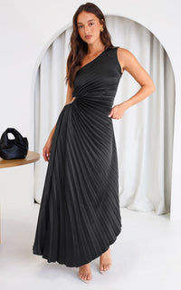 Robe longue noire une épaule, plissée en ligne, fronces au niveau de la taille