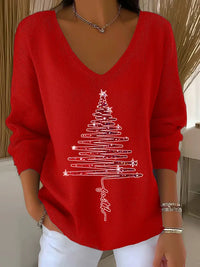 Pull rouge à encolure V, motif sapin de Noël rouge et blanc