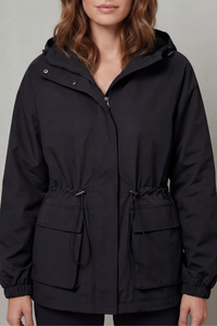Veste utilitaire imperméable noire à capuche, fermeture zippée, poches et cordon au bas