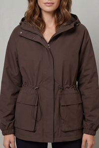 Veste utilitaire imperméable Oriane marron, capuche à cordon, fermeture zippée, poches cargo