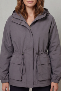 Veste utilitaire imperméable Oriane grise, capuche à cordon, fermeture zippée, poches cargo