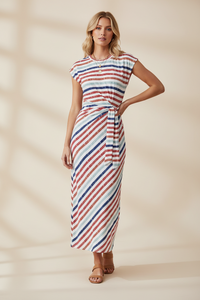 Robe moulante midi à manches courtes, rayures rouge, bleue et blanches, lien à la taille
