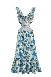 Robe longue à volants florale bleue, bas à volants, décolleté en V, bretelles volantées.