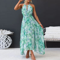 Robe longue verte imprimée feuillage, jupe ample et ceinture nouée à la taille