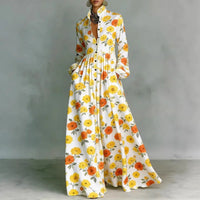 Robe longue boutonnée blanche à fleurs jaunes et orange, manches longues, taille froncée