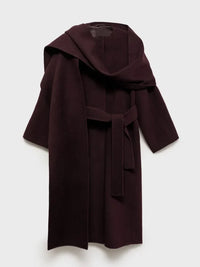 Manteau portefeuille bordeaux à capuche, fermeture ceinture et coupe longue sur cintre