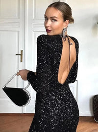 Robe longue noire à sequins, dos nu avec laçage, manches longues