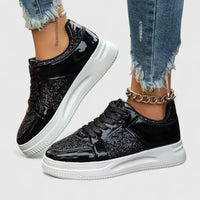 Chaussures orthopédiques noires à paillettes, semelle épaisse blanche, lacets