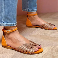 Sandales plates orange à bride cheville, bout ouvert et brides pailletées bronze doré