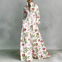 Robe longue boutonnée blanche à roses roses, col ouvert, manches longues