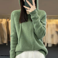 Pull en laine mérinos vert clair à capuche avec cordons, maille douce, manches longues