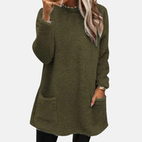 Pull long à poches, manches longues, tissu texturé vert armée