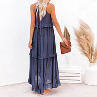 Robe Ilona dos nu à volants, bleu marine, longue et évasée avec volants à étages