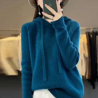 Pull en laine mérinos bleu canard à capuche et cordons, maille douce, manches longues