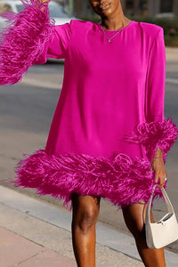 Robe Raegan™ fuchsia à manches longues, ourlet volant en plumes et poignets ornés