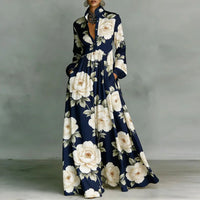 Robe longue fleurie boutonnée bleu nuit à grandes fleurs crème, manches longues évasées
