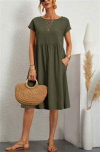 Robe midi d'été verte kaki, manches courtes, encolure ronde, taille froncée et volantée