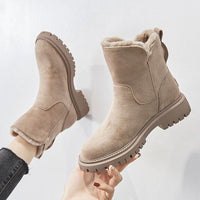 Bottes confortables doublées beige, tige en suédine et doublure en fausse fourrure.