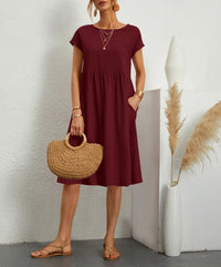 Robe midi d’été rouge foncé bordeaux, manches courtes, encolure ronde et volants