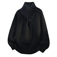Pull col écharpe noir, boutons noirs, maille côtelée