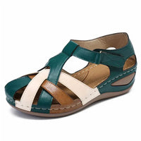 Sandales orthopédiques à brides vert foncé, beige et blanc cassé, semelle épaisse