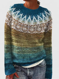Pull jacquard Aude bleu canard à motif jacquard tricolore, col rond.