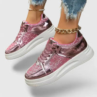 Chaussures orthopédiques roses à paillettes, semelle épaisse blanche, lacets