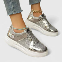 Chaussures orthopédiques argentées à paillettes, semelle épaisse blanche, lacets