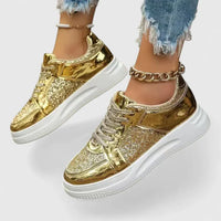 Chaussures orthopédiques dorées à paillettes, semelle épaisse blanche, lacets