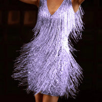 Robe Kailani™ à franges violet clair, encolure V, bretelles, courte